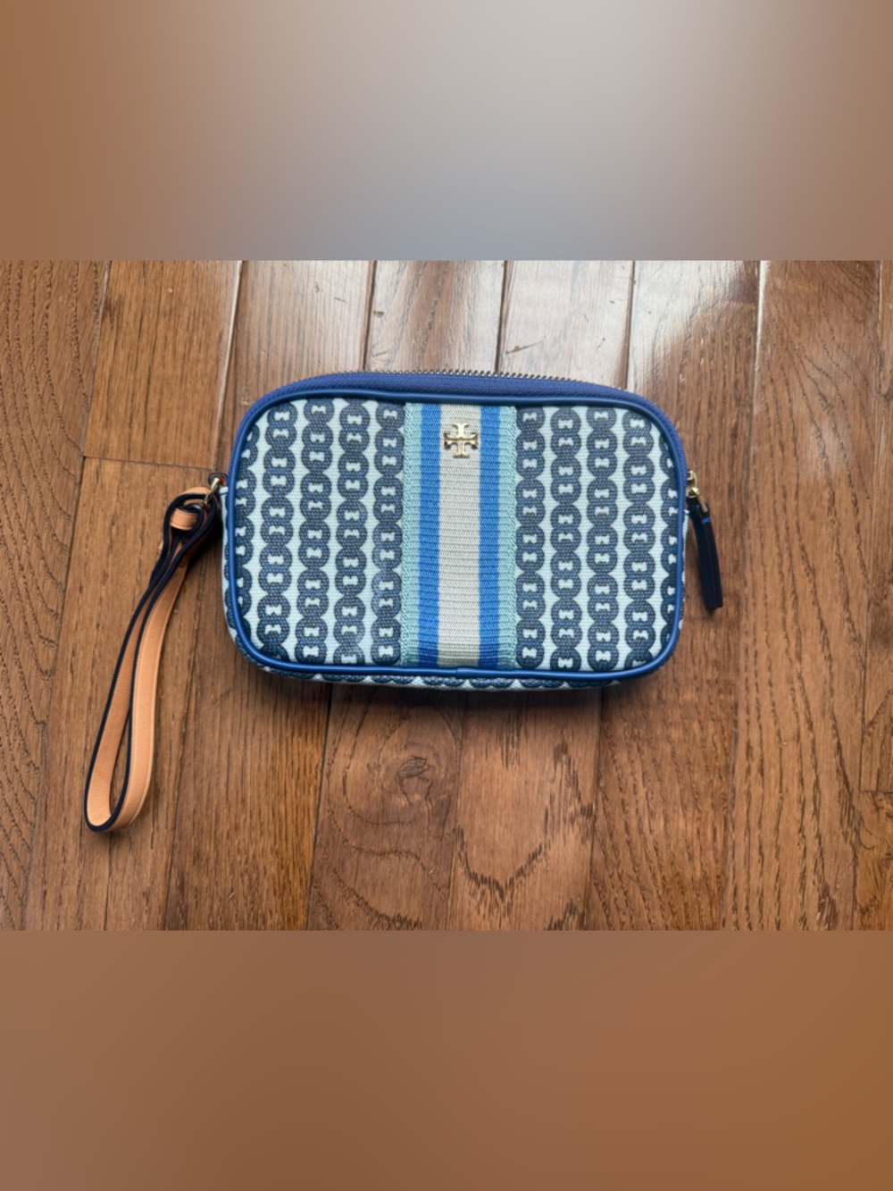 Tory Burch Blue Patterened Pouch Wristlet with Gold Zip